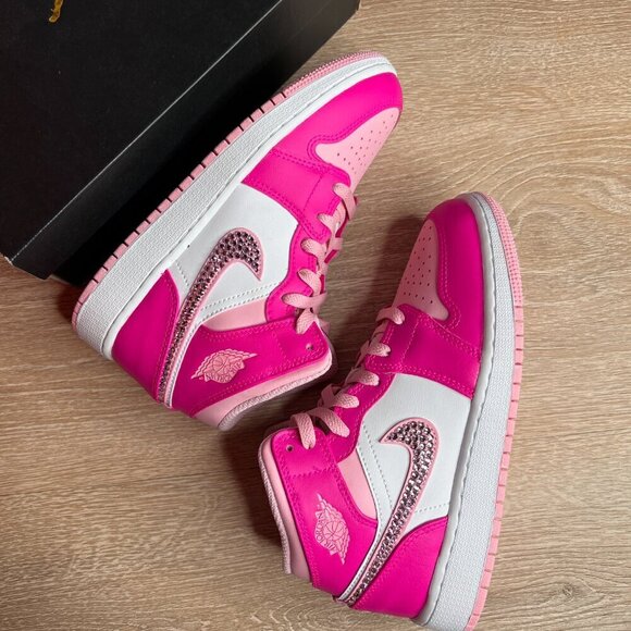 Jordan 1 Mid Fierce Pink Custom Sneakers with Crystals - Picture 7 of 10